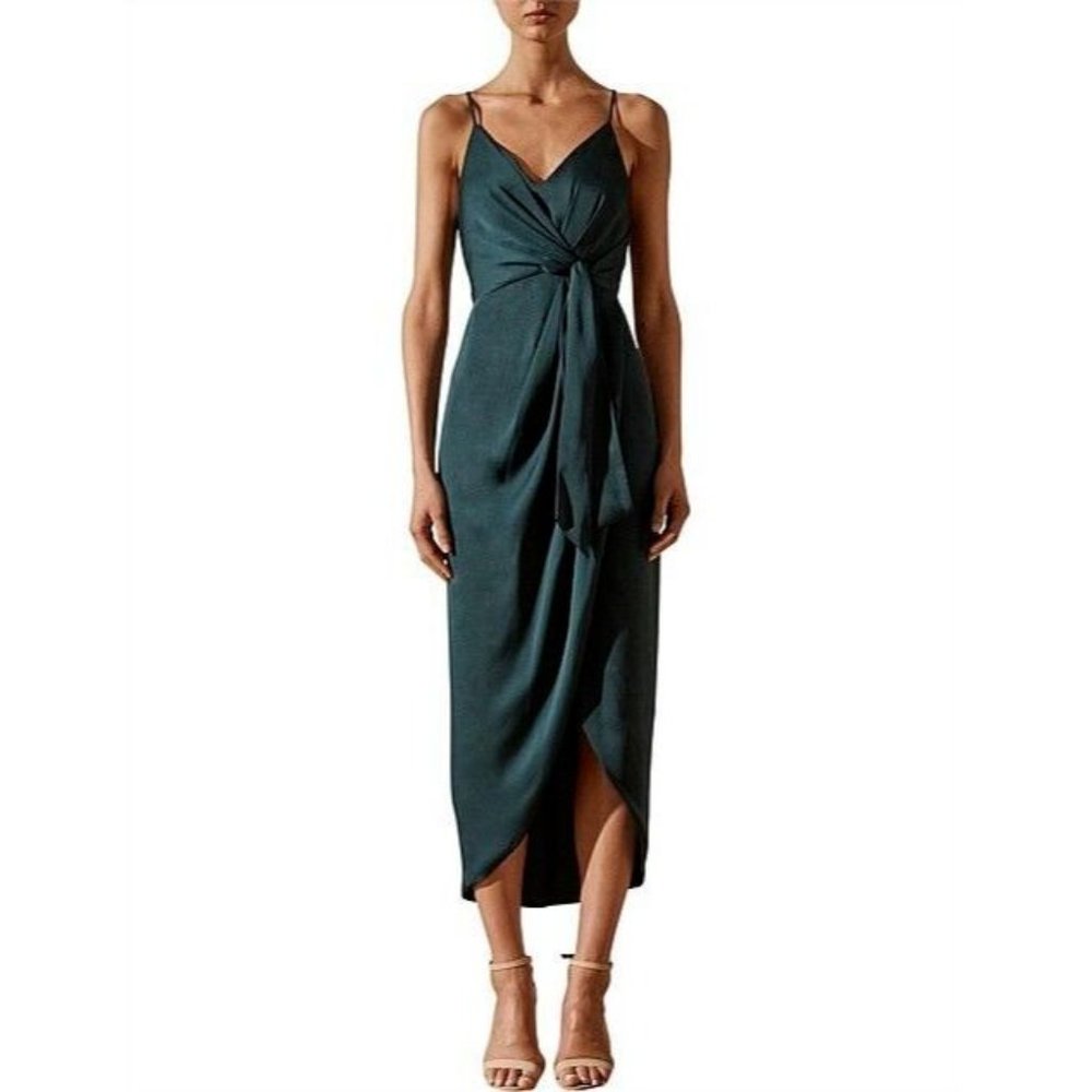 Shona Joy Luxe Tie Front Cocktail Midi Dress Womens Size 6 Emerald Green Wedding